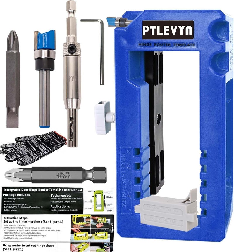 PTLEVYN Door Hinge Mounting Template Kit (Blue) for 3-5" Hinges 90° Positioning Fits 1/4" and 5/8" Door thicknesses Mortise Opener Included Clips Quick and Precise Installation of Woodworking Tools - Image 1